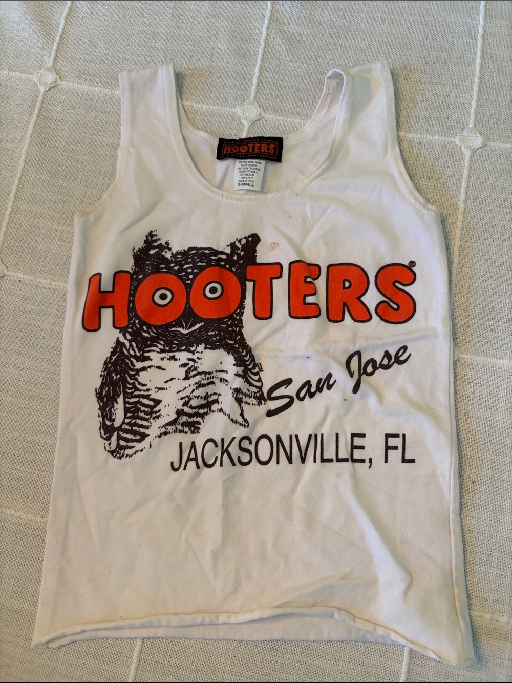 Hooters White Tank Top with Orange Logo and Brown Owl